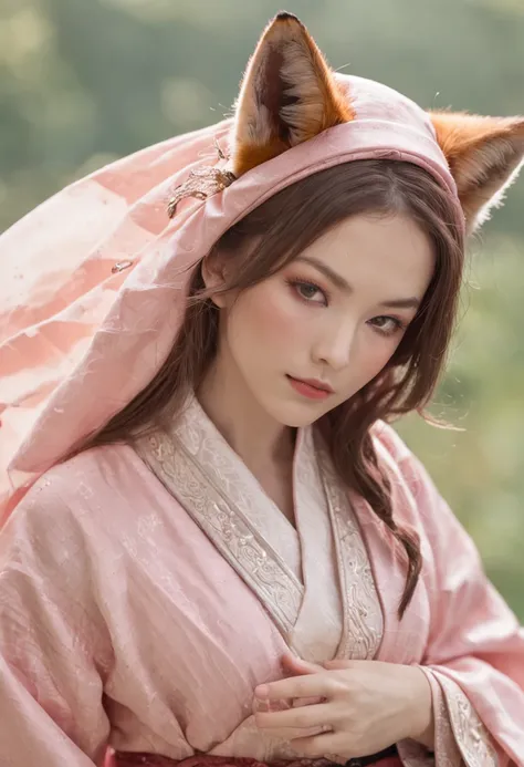 Fox woman，Pink kimono，Thunder element，contempt eyes，