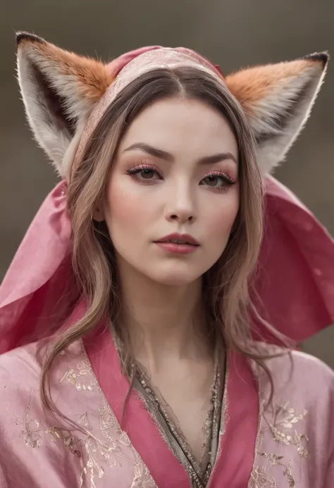 Fox woman，Pink kimono，Thunder element，contempt eyes，