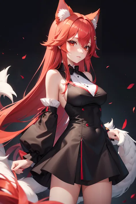 medium breast, kitsune girls, long red hair, short black party dress