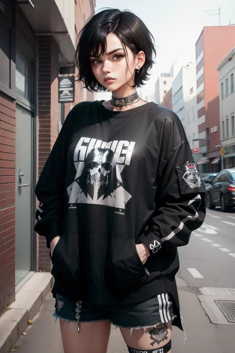 medium breast, short black hair, metalhead, streetwear clothes, crossing arms