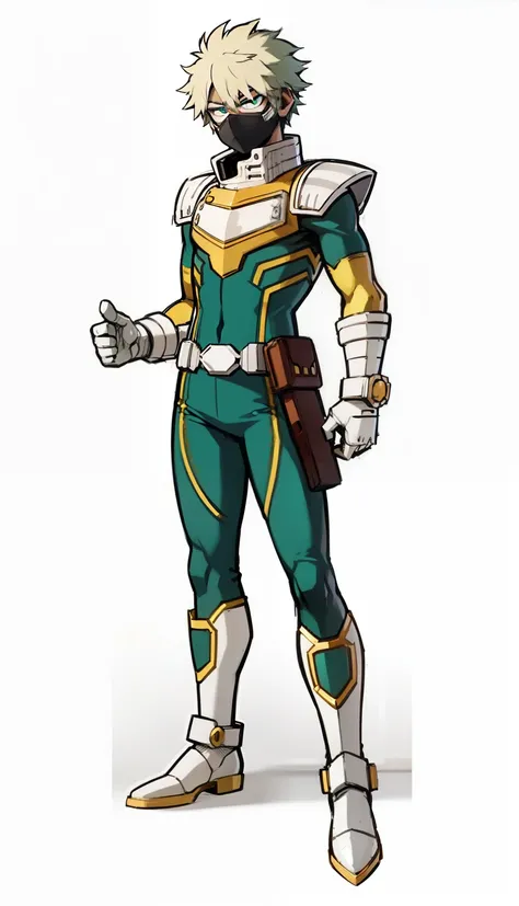 My Hero Academia style, anime boy, male, young male, trending on artstation pixiv, (full body shot:0.5), head covering, helmet, face covering, mask, hero suit, full body suit, green suit with white and gold details, Perfect anatomy, Super Detailed,