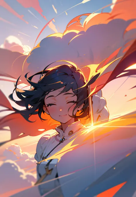 masterpiece, best quality, movie still, 1girl, cloud girl, floating in the sky, close-up, bright, happy, warm soft lighting, sunset, (sparks:0.7)