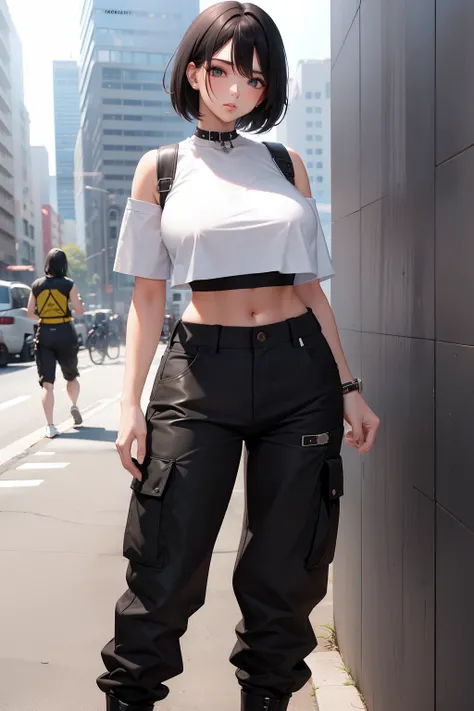 large breast, short black hair, metalhead, long tam cargo pants, white crop top