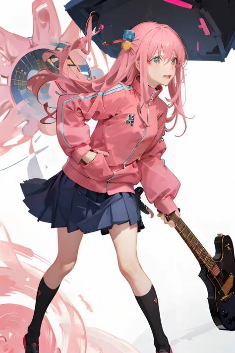 ​masterpiece, top-quality, Hi-Res, gotou1, gotou hitori, 独奏, skirt by the, Pink Jersey, Track jacket, bangss, hair between eye, long-sleeve, Funny face, musical instrument, guitar,