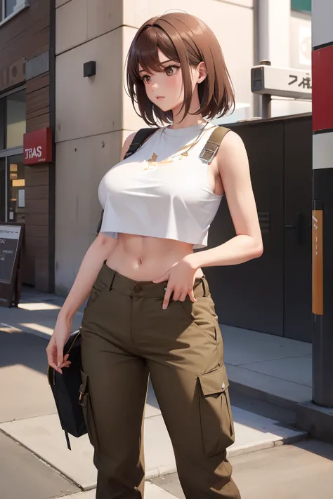 large breast, medium brown hair, long tan cargo pants, white crop top, crossing arms, looking away