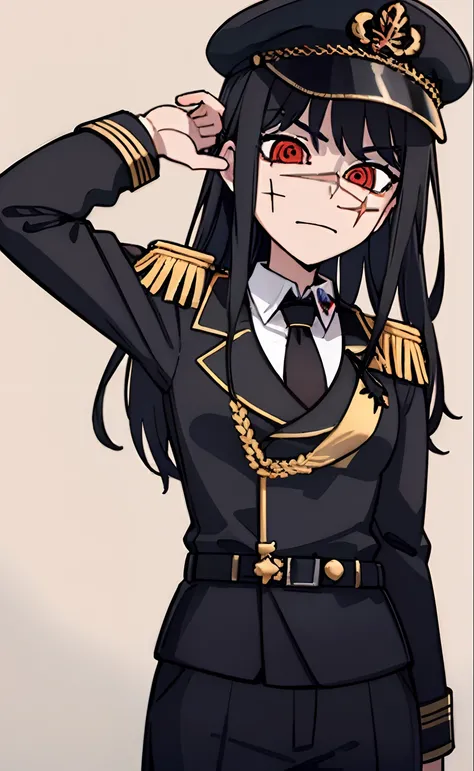 (masterpiece, best quality: 1.2), Solo, 1girl, Yoru (Chainsaw Man), looking at the viewer, different poses, red eye, long hair, completely black hair, reference to clothing of a German WWII general, black long sleeves (best quality), scar on face, beautifu...