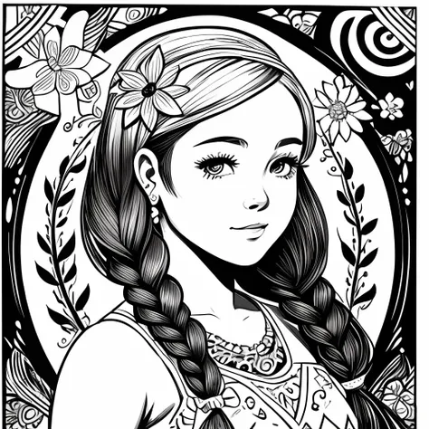 Black and white stick figure 1 girl with forget me knot flowers in background, loli in dress with flowers, its fine ink line art, comic style, portrait of polynesian girl, Marilyn Munroe, Hollywood glam, beautiful line art, black and white comic style, man...