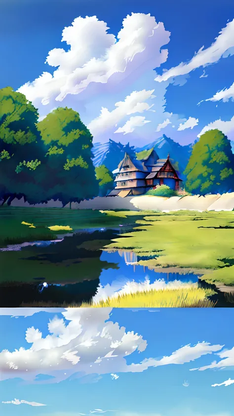 Anime field house and pond scenery, anime countryside landscape, Anime landscapes, Anime landscape concept art, Ghibli Studio Environment, Anime background art, View of Ghibli Studio, Anime landscapes, Inspiration from veteran environmental artists, scener...