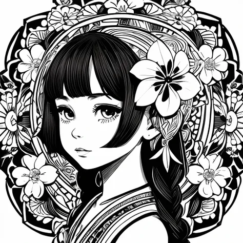 Black and white stick figure 1 girl with forget me knot flowers in background, loli in dress with flowers, its fine ink line art, comic style, portrait of polynesian girl, Marilyn Munroe, Hollywood glam, beautiful line art, black and white comic style, man...