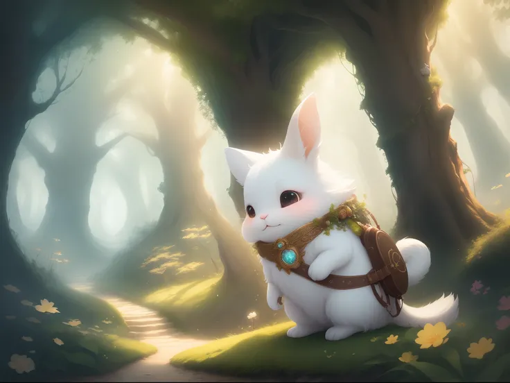 "Design a charming and enchanting fantasy artwork featuring an adorable rabbit as the central character. Imagine a whimsical world where the rabbit embarks on a magical journey. It could be exploring a hidden forest, discovering a secret garden, or encount...