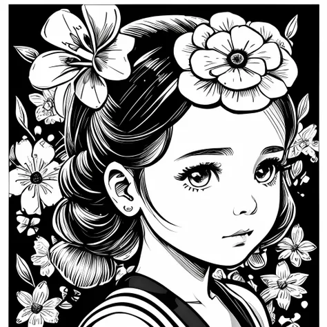 Black and white stick figure 1 girl with forget me knot flowers in background, loli in dress with flowers, its fine ink line art, comic style, portrait of polynesian girl, Marilyn Munroe, Hollywood glam, beautiful line art, black and white comic style, man...