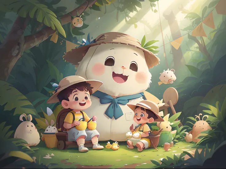 cute little boy wearing yellow Bucket Hats with giant fluffy rabbit and a few hamster, little boy wear white shirt and blue shorts seating and laughing beside 1 very big giant fluffy white rabbit, in the fantasy jungle, cinematic anime style, fantasy jungl...