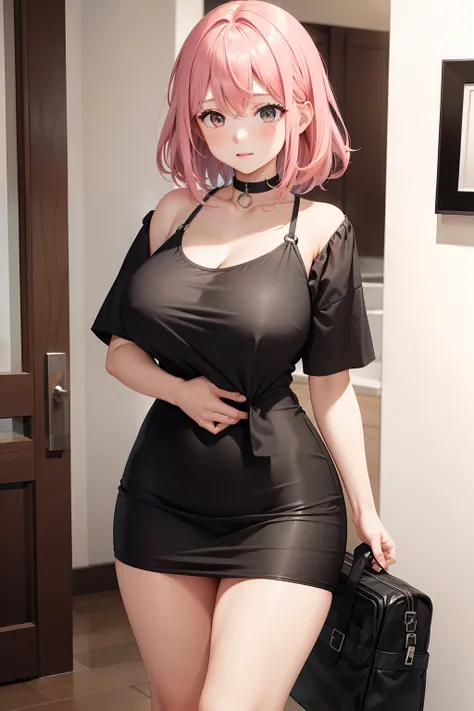 large breast, medium pink hair, black short dress