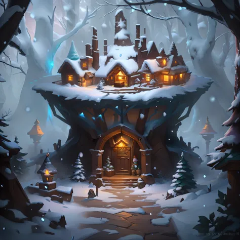 Close-up of a small house in a snow-covered forest, House of the Elves, Winter concept art, blizzard hearthstone concept art, hearthstone concept art, stylized concept art, Cozy enchanted scene, magical fantasy 2 d concept art, Fantasy game art style, Hear...