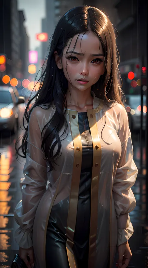 A frame from a movie, with long rain wet hair, intricate, shiny, glamorous, backlit, bokeh, depth of field, ultra detailed, rainbow, beautiful color grading, golden ratio, creative, expressive, colorful, 3D rendering , serene, masterpiece, approaching perf...