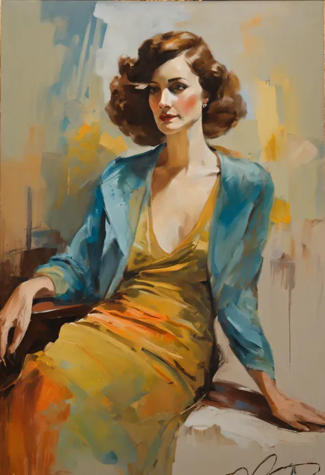 An elegant 1920s woman laying on a couch, she has a blue dress on, long brown hair, and brown eyes, she is elegant, sexy, gorgeous, oil on canvas in the style of ambrose mcevoy. The painting is framed in a wood frame and has been professionally preserved. ...