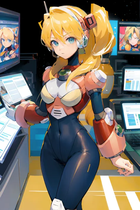 alia_megamanx, 1girl, sozinho, seios, olhos azuis, blonde hair, android, cabelos longos, robot ears, sentado na cadeira em frent...