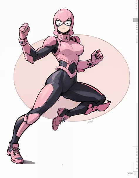 My Hero Academia style, anime Girl, female, trending on artstation pixiv, (full body shot:0.5), wide hips, wide thighs, large breast, head covering, helmet, face covering, mask, hero suit, full body suit, pink suit, Perfect anatomy, Super Detailed,