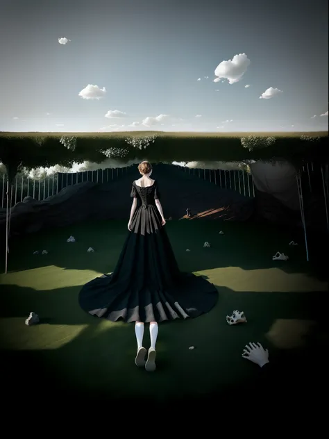 On the grass，Scattered dinosaur fossils，White bones，fossils，Heads-up，The perspective is correct，Realiy，Photographic works，Farewell to the middle view，A woman in a black gauze dress stands in the middle