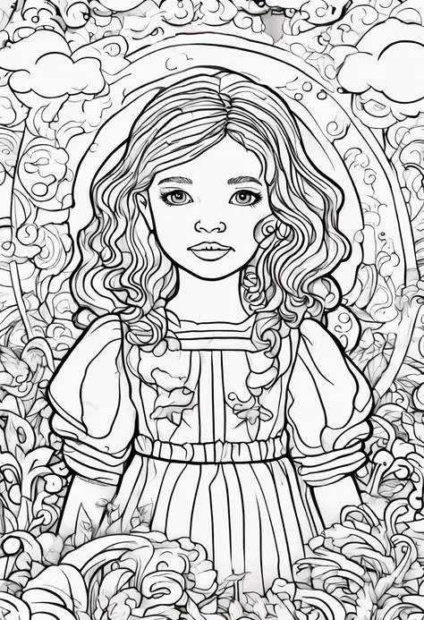 preto&White Contour Art for Kids coloring book page 空と雲, A girl is wearing a dress, Kids coloring pages, branco completo, Childrens style, fundo branco, Sketch style,(((((fundo branco))))), Use only the outline, estilo dos desenhos animados, arte de linha,...