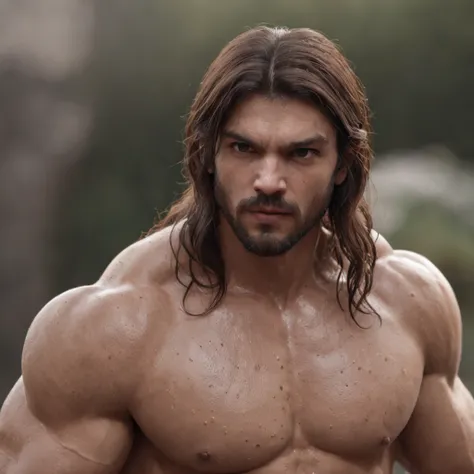 (Professional 3D rendering:1.3) de (Realistic:1.3) Foto de arte mais bonita do mundo，Features soft, bright male heroes, ((Epic hero fantasy rough muscular man wet hero angry look long hair short beard and fierce expression in dynamic pose, fantastic locati...