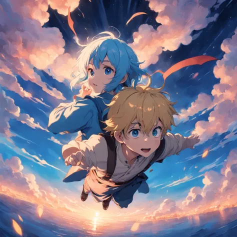 masterpiece, best quality, movie still, 1girl, 1boy, blonde girl, blue haired boy, alice in wonderland, floating in the sky, close-up, bright, happy, warm soft lighting, clouds, blue lighting