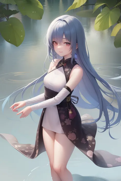 ((4k,masterpiece,best quality)), shuimobysim, traditional chinese ink painting, lotus, hanfu, maxiskit, dress conservatively 1girl, solo, long blue hair, smile, standing, feet in the water, barefoot,