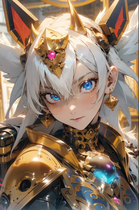 Anime Robot beutiful ice skin golem cat girl magic, aesthetic_eyes, detailed eyes, demon horn, mask, wings, glowing, random fantasy hair, multicolored hair, body detailed, random very angry face, detailed face, Saenyo Ancalagon Anthropomorphic majestic Gua...