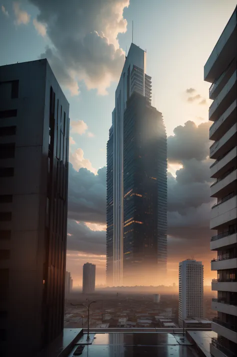 ((obra maestra, mejor calidad)), 8k, estilo de arquitectura moderna, foto realista, foto hiperdetallada, cielo limpio, ciudad en ruinas, cyberpunk, lluvia, con los colores del atardecer.