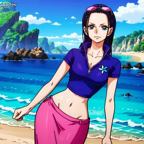 1girl, (shapely body), (solo), 30 years old,  hdr, beach, nico robin, priclothes, dark blue zip up short sleeve shirt, pink long...