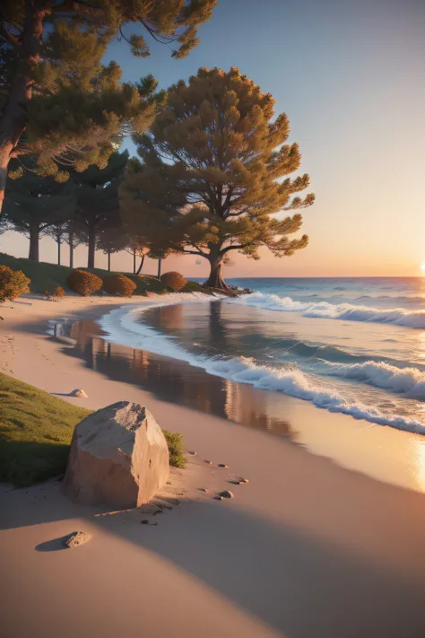 There is a tree on the beach，the tree is on top of a calm sea, golden sacred tree, beautiful high resolution, rendered in vray, Rendered in V-Ray, realistic scene, Rendered in Lumion Pro, fall season, Rendered in Cinema4D, rendered in cinema 4 d, rich tree...