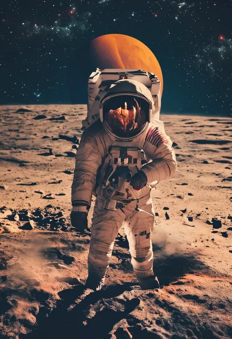 A man in a spacesuit holds a box in space，The background is a glowing moon，There is a starry sky