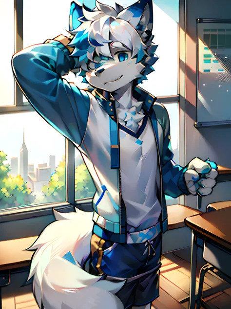 eyes with brightness, in a panoramic view, Character Focus Solo, shaggy, Furry male wolf, White fur for men,blue ear，Blue pattern on the face， blue color eyes, White color hair(The long），Wear blue shorts and shorts，CasualClothing，Young style，Height one met...