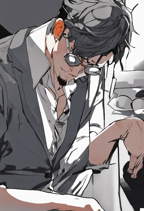 Anime man sitting in a chair with glasses，hand on forehead, kentaro miura manga art style, kentaro miura manga style, kentaro miura art, kentaro miura art style, In anime style, Anime portrait of a handsome man, in an anime style, Guviz-style artwork, draw...