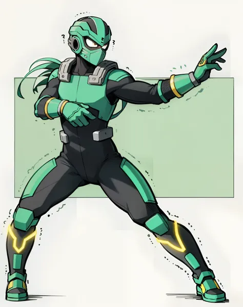 My Hero Academia style, anime boy, male, young male, trending on artstation pixiv, (full body shot:0.5), head covering, helmet, face covering, mask, hero suit, full body suit, green suit, Perfect anatomy, Super Detailed,