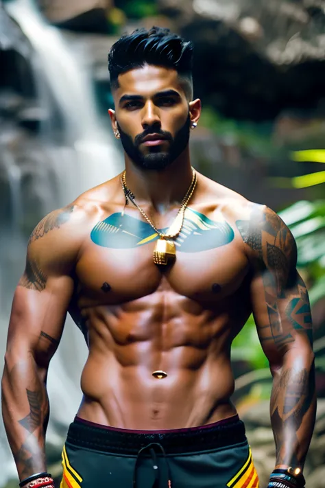 fking_scifi, fking_scifi_v2, portrait of a young, muscular extremely handsome and attractive Brazilian male model, in front of a waterfall, short windy hair, hairy tattooed body, colorful clothing and golden jewelry, close up, regal pose and attitude. fkin...