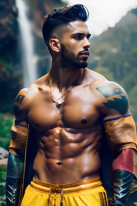 fking_scifi, fking_scifi_v2, portrait of a young, muscular extremely handsome and attractive Brazilian male model, in front of a waterfall, short windy hair, hairy tattooed body, colorful clothing and golden jewelry, close up, regal pose and attitude. fkin...