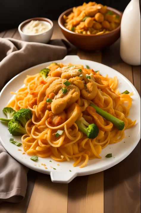 "Craft a mouthwatering visual depiction of a plate of delicious fried noodles. Showcase the noodles glistening with savory sauce, perfectly cooked and tantalizingly textured. Arrange an array of fresh and vibrant vegetables alongside the noodles, each ingr...