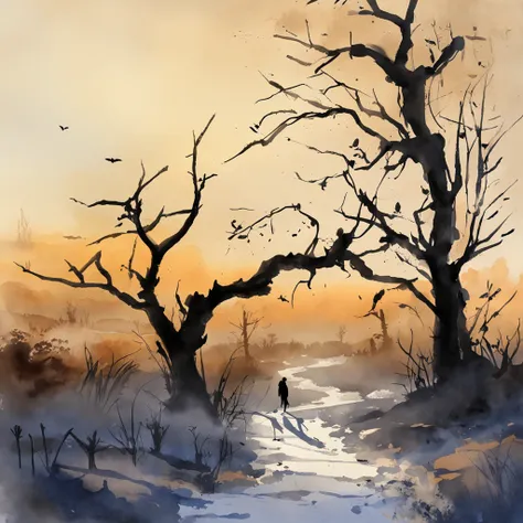 Two crows on a dead tree, A shadow shaped like a walker, Starry night, Thick fog on the ground, Blue light on the horizon, Unreal Engine 5, Cinematic, low angle photography, Motion blur, Depth of field, Dust, Cobblestones and dirt. Splash Art, dripping pai...