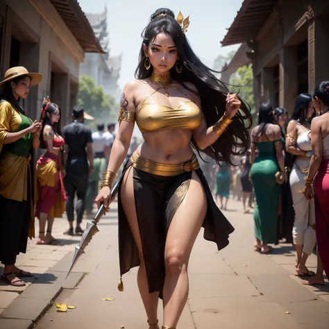 Female Khmer warrior, long black hair, dark brown tanned, Armour on, bangles, Angkor temple, full body, holding weapon, sexy tied hair up, crowd on the head, wearing jewelry, Sak yant tattoos on the arm, curvy body, wear brown and green wrap sarong outfits...