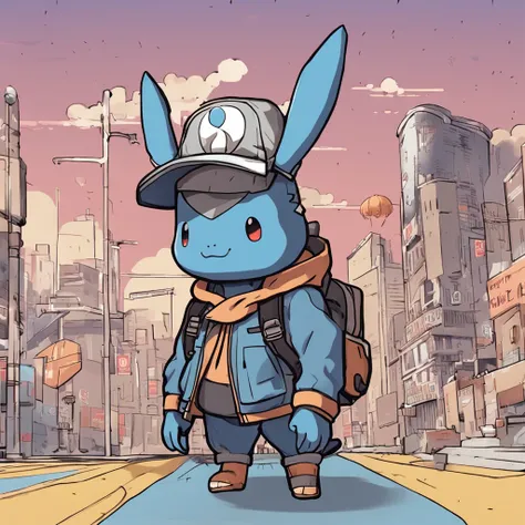 There is a boy, wearing a hat with two horns on its head, and dressed in clothes. Resembling a new Pokémon, with a cute style. A ground-type Pokémon. It stands on two legs and is carrying a gray backpack. Its standing on top of a building, surrounded by a ...