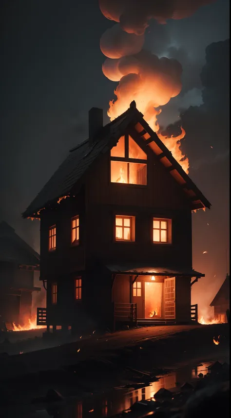 a small wooden house that is on fire, its burning, there is a lot of fire and flames, flames are coming out of the broken windows, its night time, dark, fog, full moon,1600s