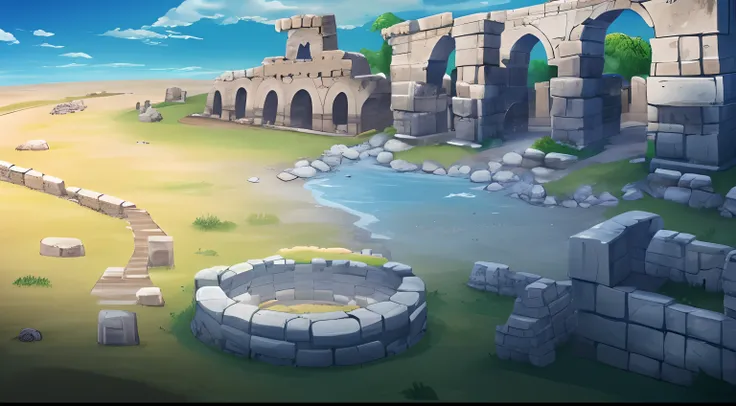 There is a cartoon picture of a stone arch stone road, ancient ruins background, odins stone arena background, arena background, city ruins background, background is the ruins, ruins landscape, arte de fundo, Mobile game background, ruins on the background...