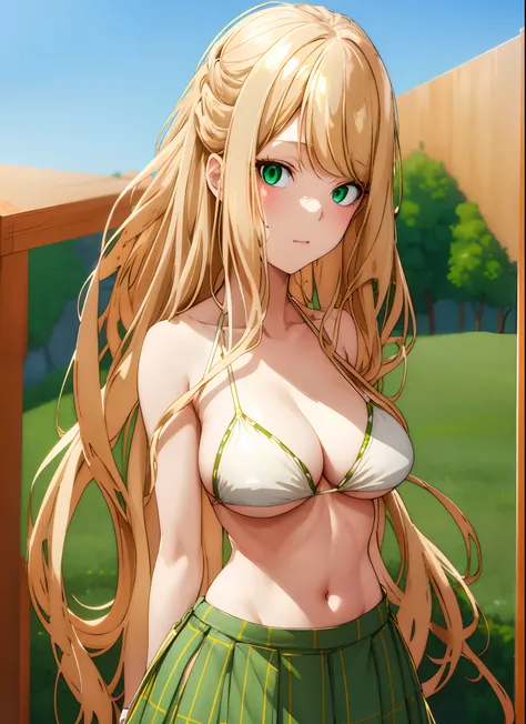 beige hair, green eyes, long hair, GIRL, (Masterpiece: 1.1), (Best Quality: 1.1), Upper Body Bikini, (White Bikini: 1.1), (Plaid Skirt: 1.1), High Waist Skirt, Blake [Green Grass: Pink, :0.5] Themed, (Urban Background: 1.1), Denim Lenses, Blake Silver, Lon...