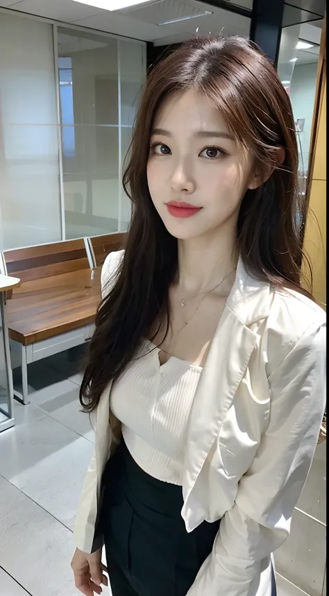 （best qualtiy，8K，32K，tmasterpiece，hyper HD：1.2），1girll，beautiful Korean women，a narrow waist，Business suit，Open jacket，office  lady，Business suit，trouser，From the front side，office room，（Stick out your chest：1.2），详细的脸，Long brown hair，Street photography，str...