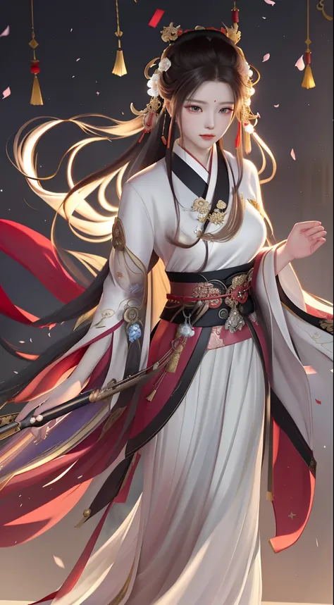 One in a white dress，Woman with long hair and red belt, flowing hair and long robes, by Yang J, heise jinyao, Keqing from Genshin Impact, flowing magical robe, full-body xianxia, zhongli from genshin impact, Flowing robes, ((a beautiful fantasy empress)), ...