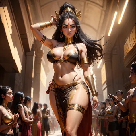 Female Khmer warrior, long black hair, dark brown tanned, Armour on, bangles, Angkor temple, full body, holding weapon, sexy tied hair up, crowd on the head, wearing jewelry, Sak yant tattoos on the arm, curvy body, wear red wrap sarong outfits, dark skinn...