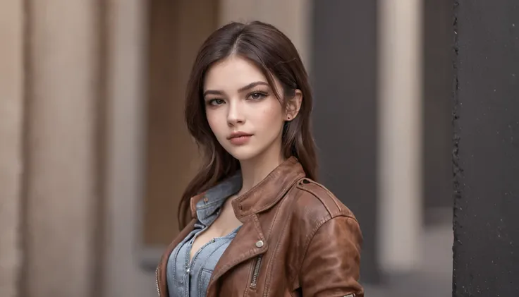 Beautiful sexy gangster girl,, Cute, Slender, Crazy reality, 8K, Character concept art brown leather jacket，Gilet blanc，Slim Jeans