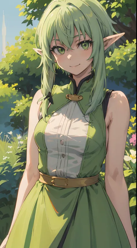 best quality, (masterpiece:1.2), detailed,
1girl, solo, closed mouth, smile, pointy ears,
green hair, green eyes, short hair, sh...