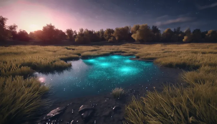 Field of blue bioluminescent grass on a beautiful starry night, and in the middle is a beautiful small river flowing crystal clear water, photo style, magic, fantastic, photorealist, 4k, 8k, highly detailed.